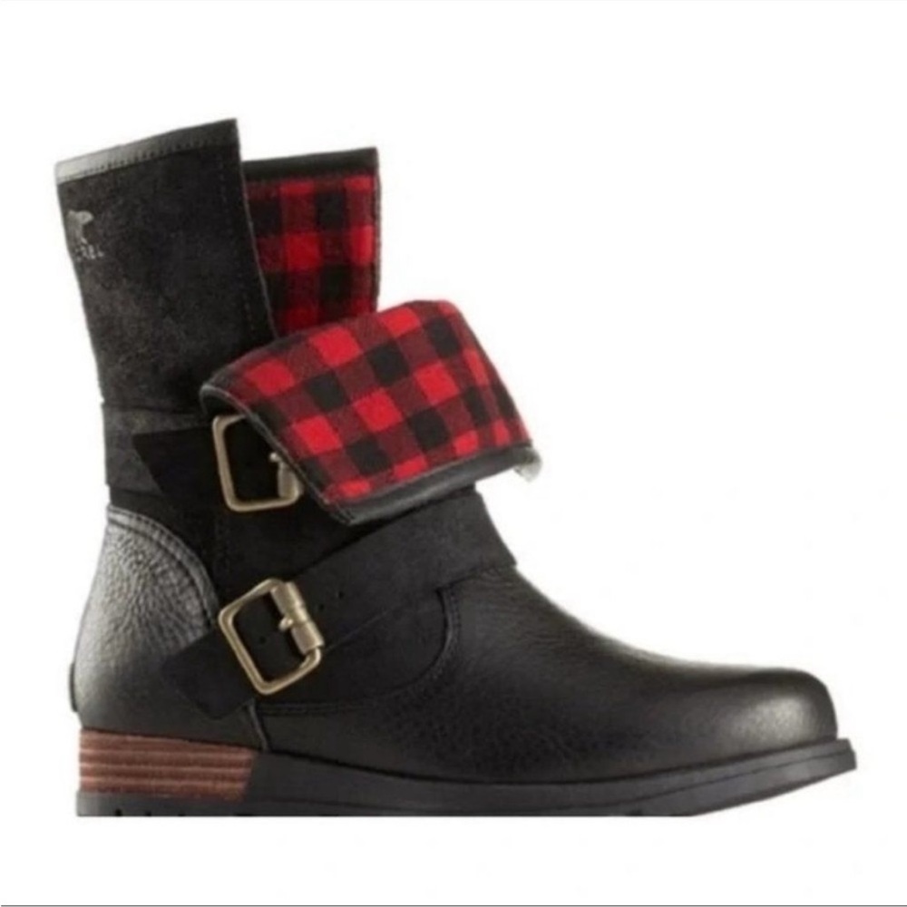 SOREL Black Leather Major Moto Buffalo Plaid Boots- 8.5